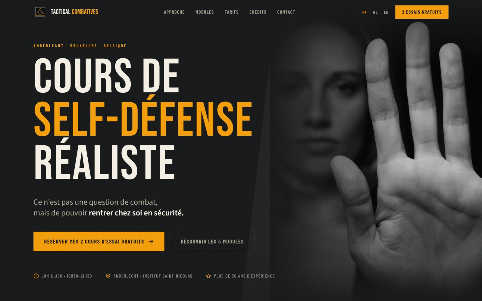 Page d'accueil du site tacticalcombatives.be, école de self-défense à Anderlecht, réalisé par Digispire