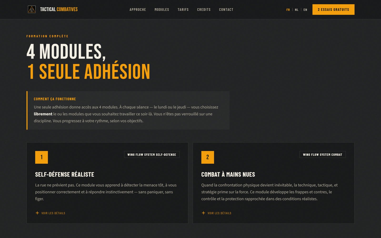Section modules du site tacticalcombatives.be réalisé par Digispire