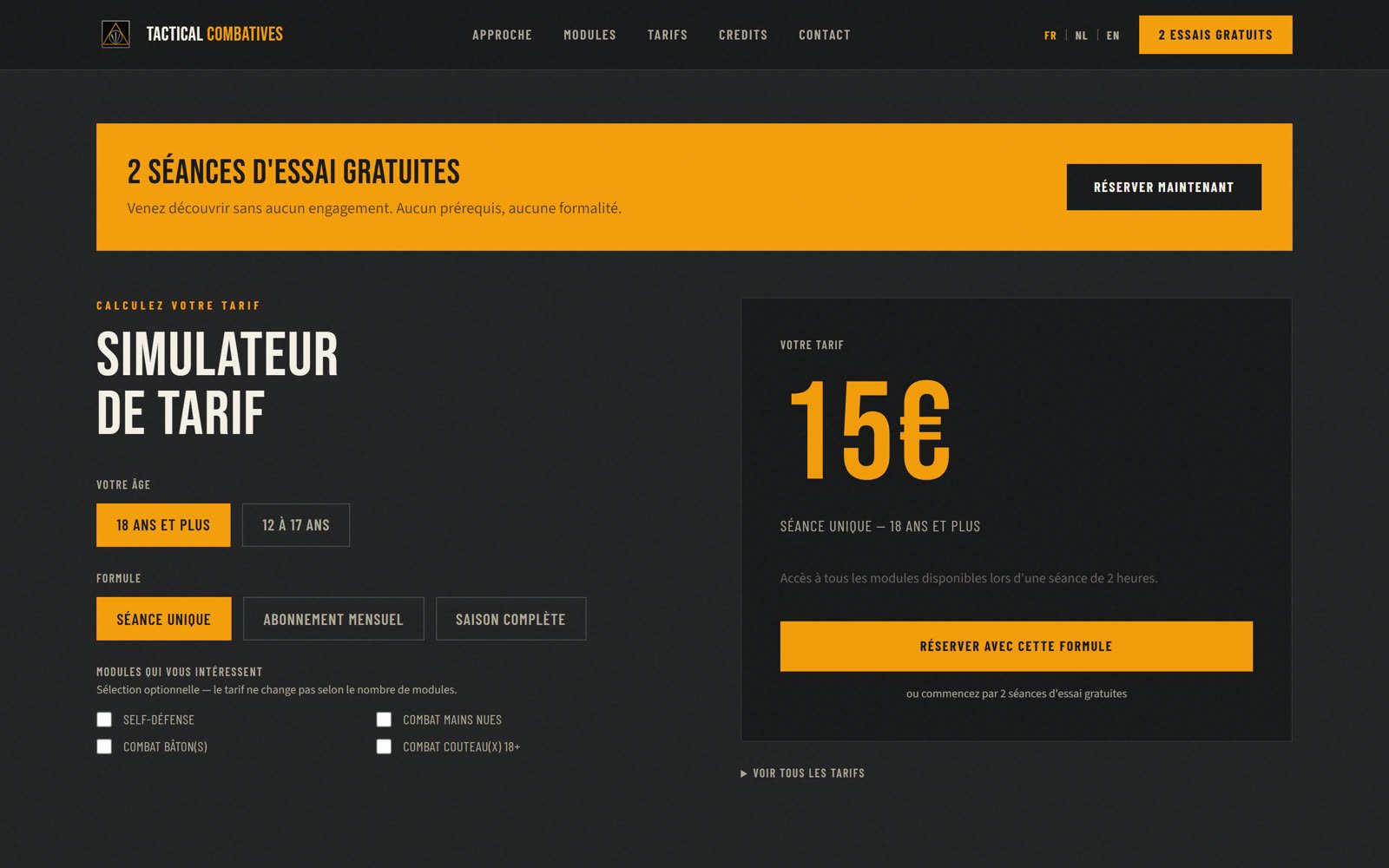 Section tarifs et contact du site tacticalcombatives.be réalisé par Digispire