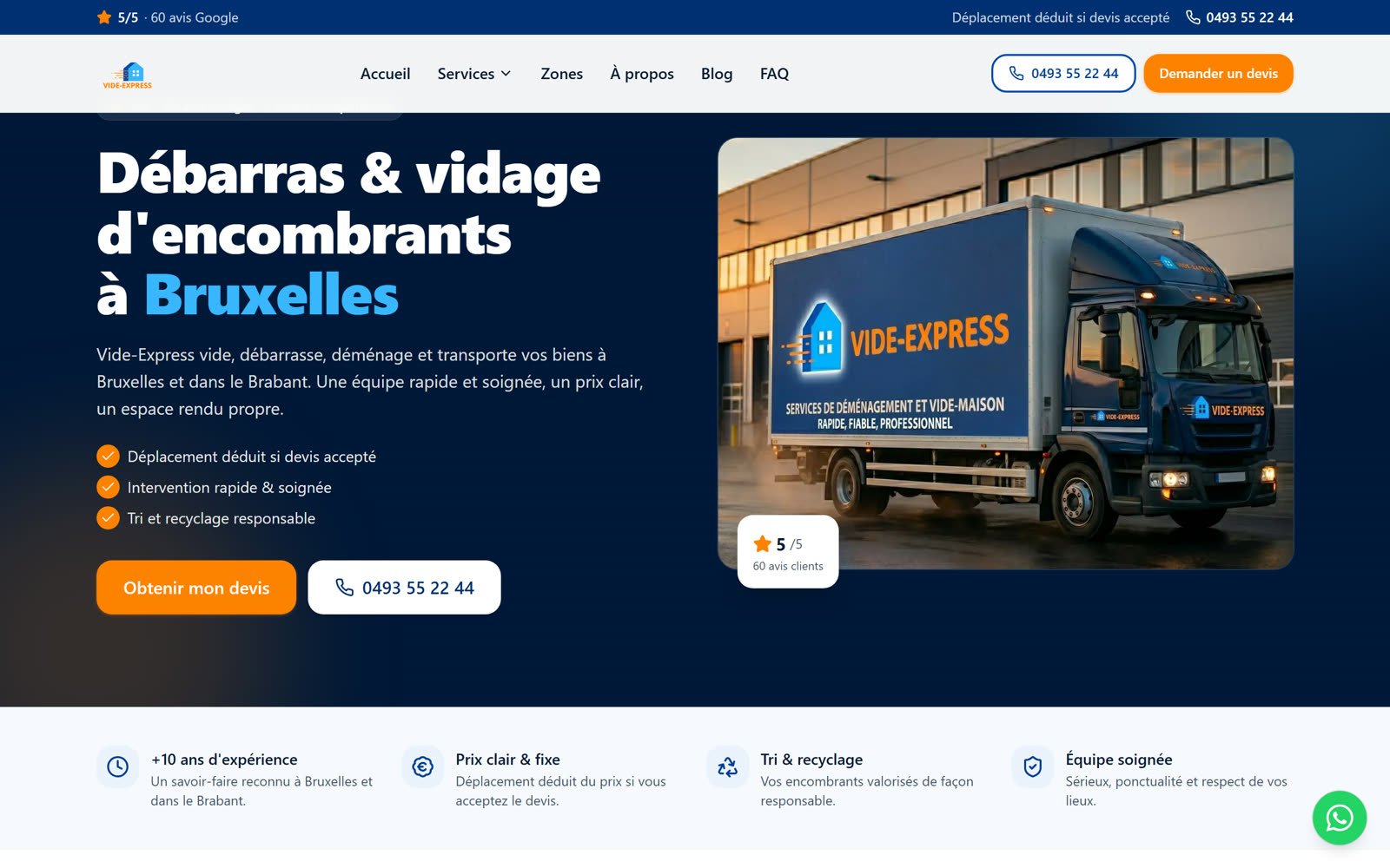 Page d'accueil du site vide-express.be, entreprise de débarras à Bruxelles, réalisé par Digispire