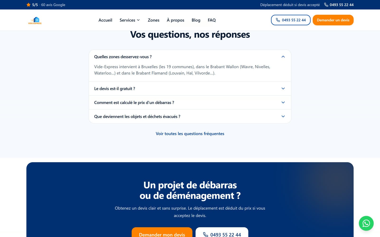 Section devis et avis clients du site vide-express.be réalisé par Digispire
